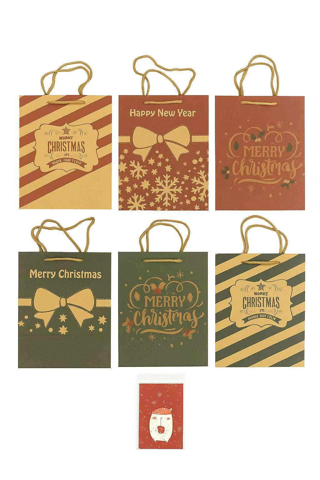 Set of Christmas-themed gift bags with decorative designs on a white background